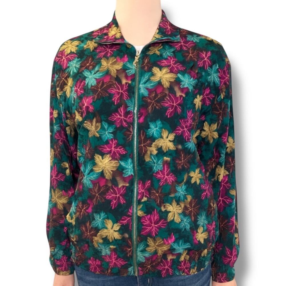 Vintage Teddi Floral Bomber Jacket Zip Front Fall Leaf Print‎ Teal Pink Gold 12